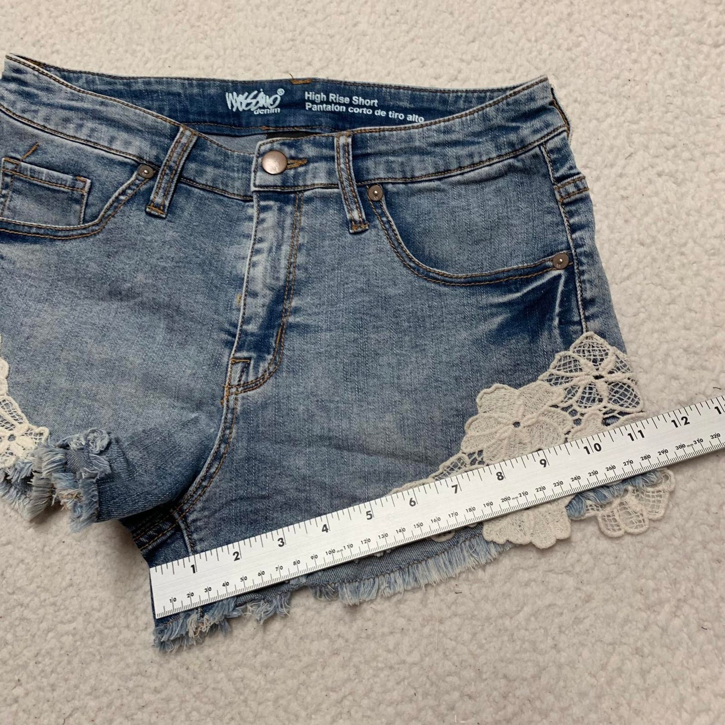 Mossino Womens Size 8/W29 High Rise Denim Shorts Lace Trim