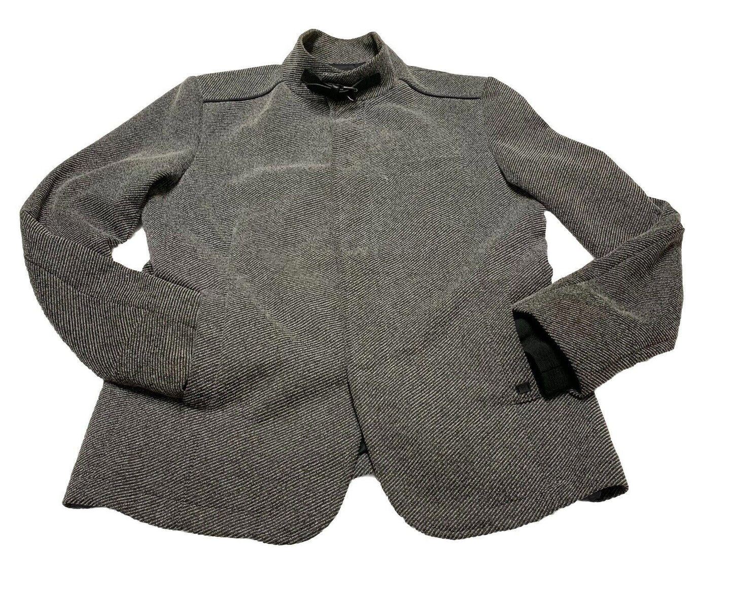 Zara Man buckle High Collar Coat Size 42 Herringbone Gray Made in Turkey