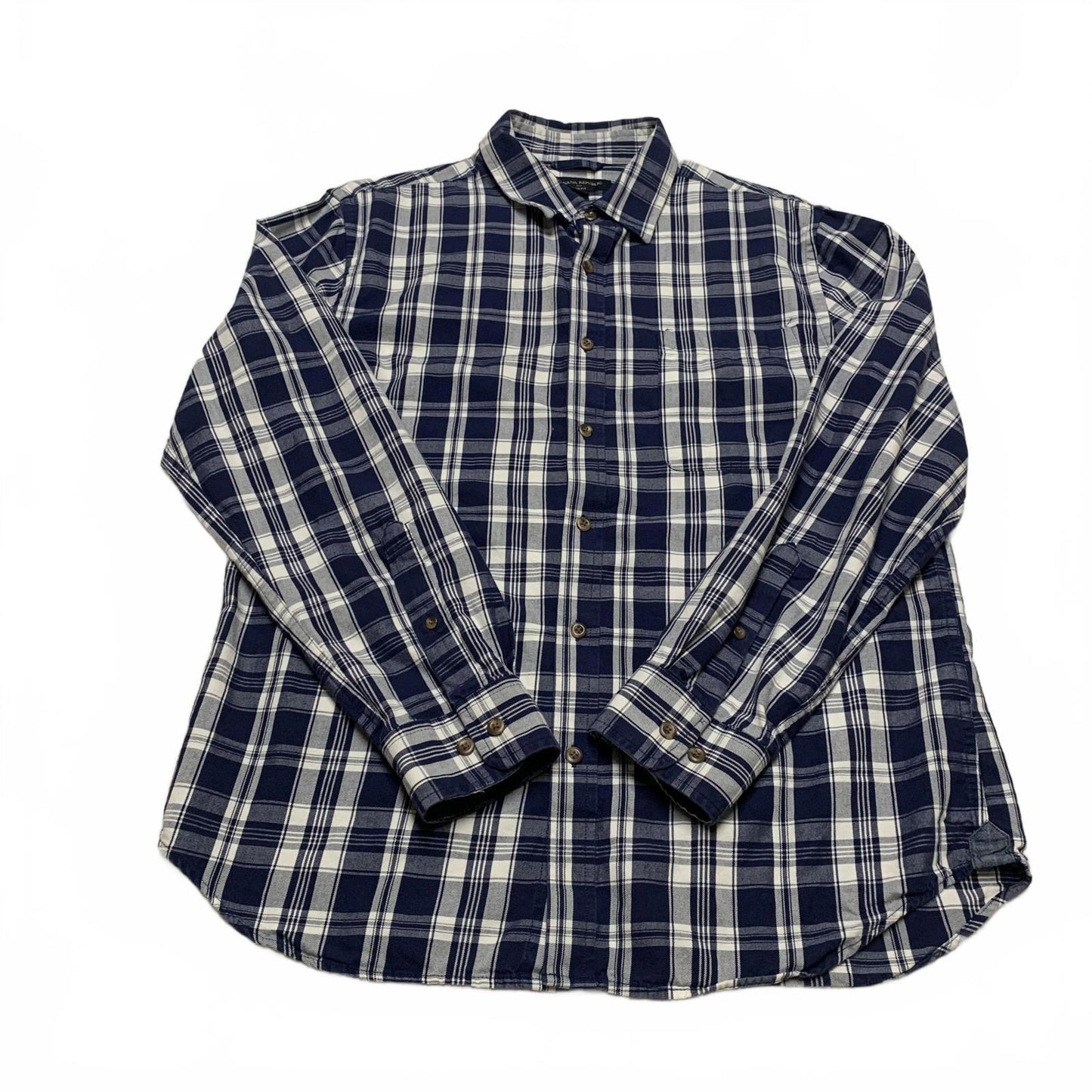 Banana Republic Men’s Size Large Navy Plaid Button-Up Shirt Slim Fit