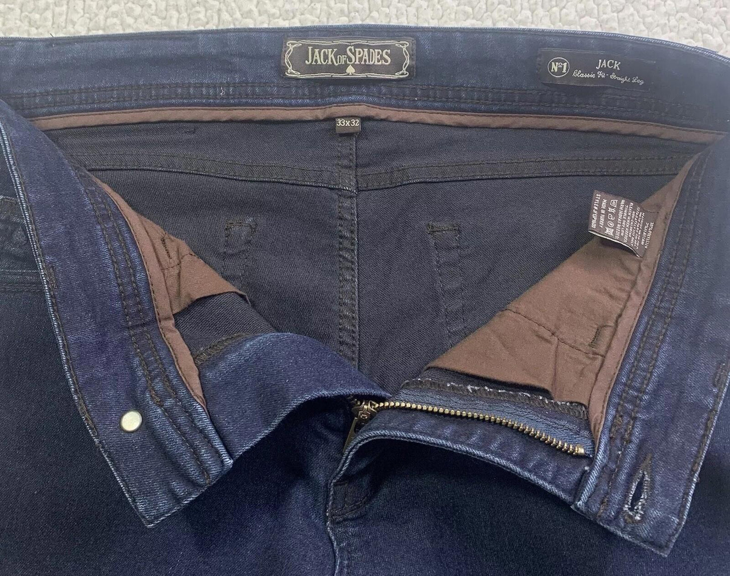 Jack of Spades Men's Jeans 33 x 26.5 Altered Dark Blue Straight Leg Classic Fit
