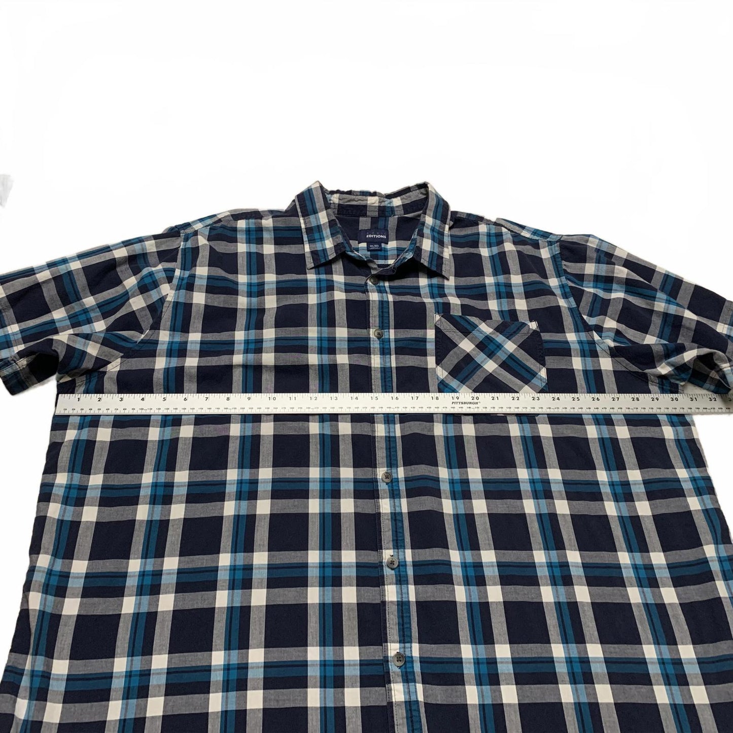 Basic Editions Men's 3XL Blue Plaid Short Sleeve Button Shirt