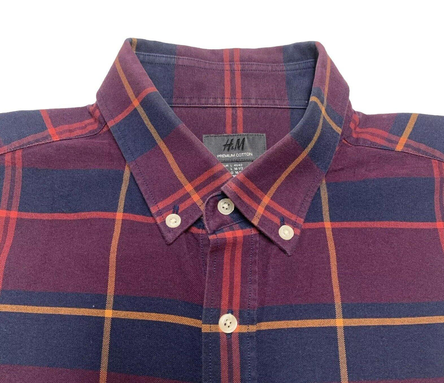 H&M Mens Large 16 1/2” Navy Burgundy Long Sleeve Button Shirt Premium Cotton