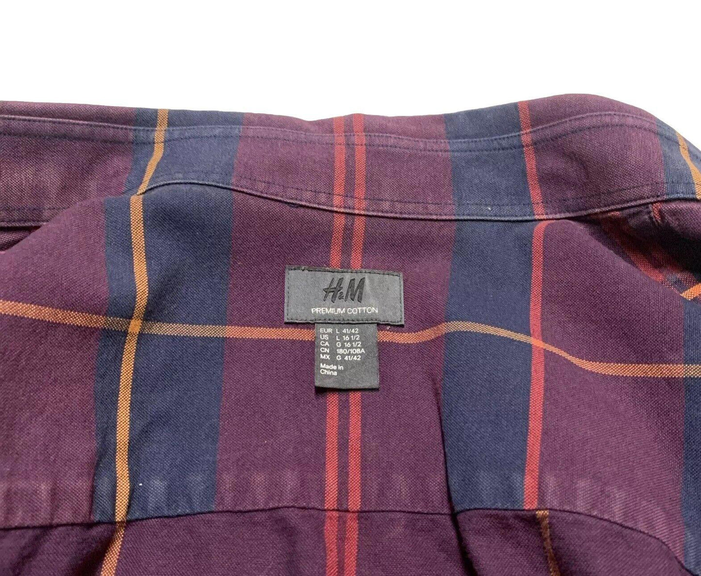 H&M Mens Large 16 1/2” Navy Burgundy Long Sleeve Button Shirt Premium Cotton