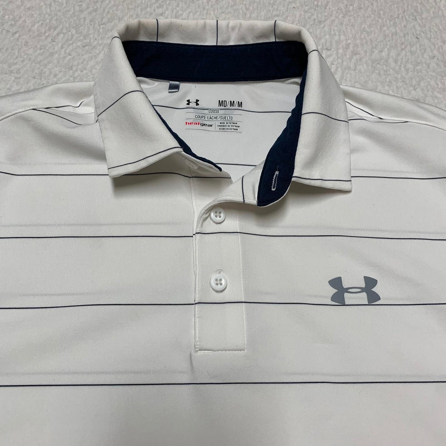 Under Armour Men's Size Medium White Black Striped Heat Gear Polo Shirt