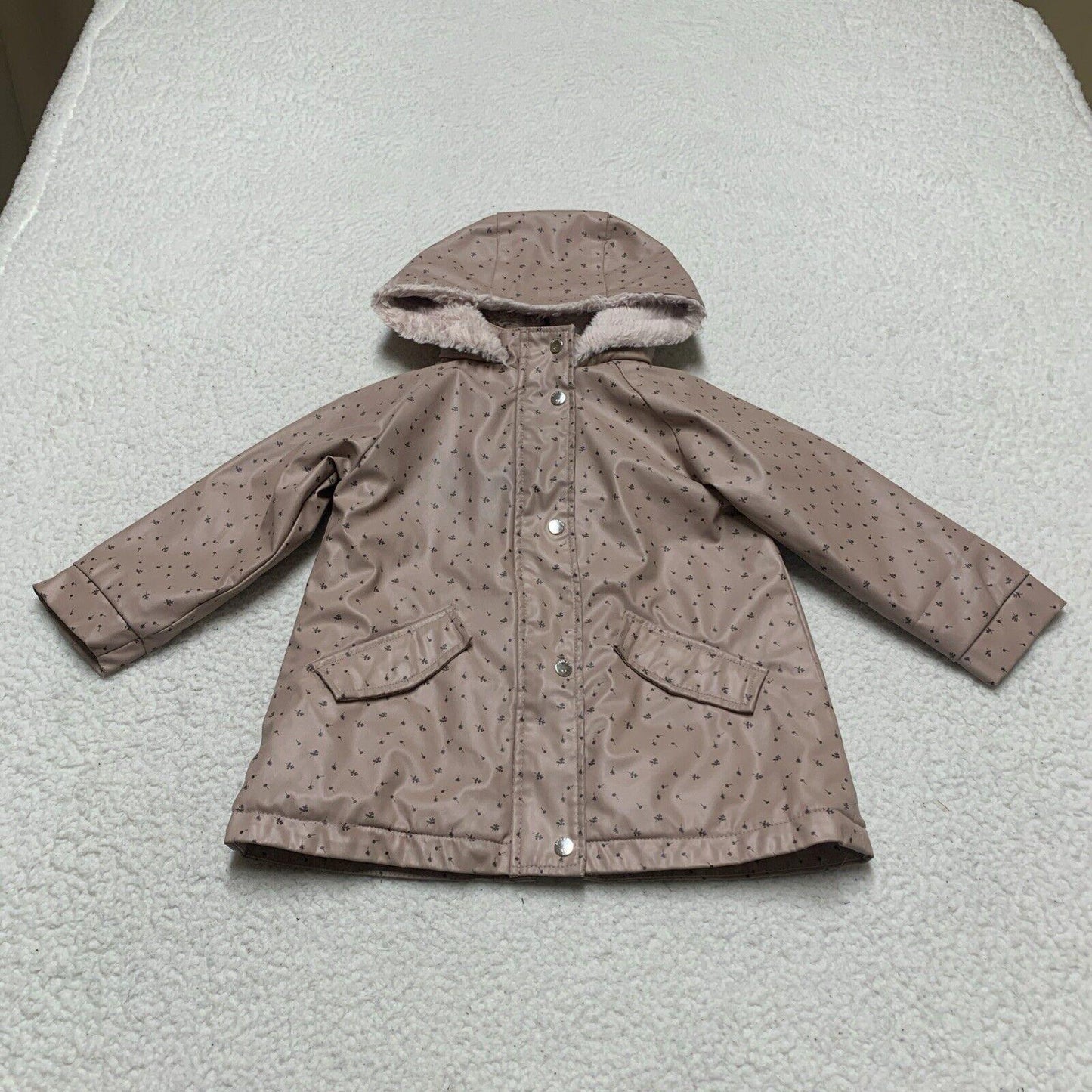 Zara Baby Girl Size 3-4 Years Pink Floral Print Fleece Lined Raincoat HoodJacket