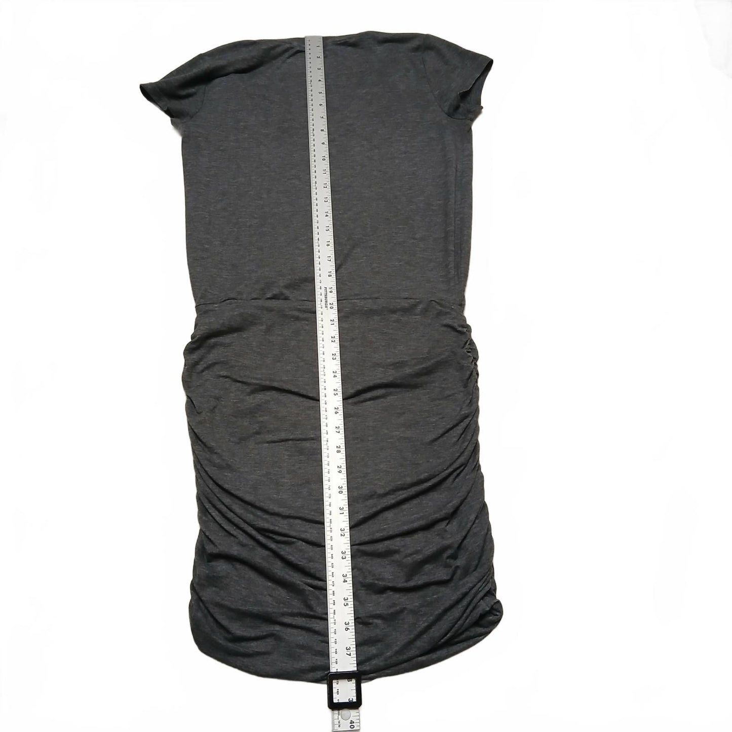 Athlete Women's Cap Sleeve Ruched Bodycon Dress Sz Small Gray V-Neck