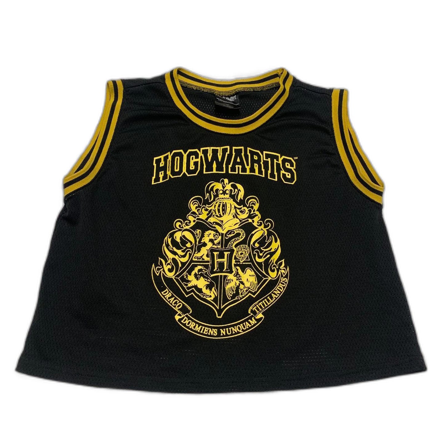 Harry Potter Kids Unisex Size L Black Yellow Hogwarts Crest Mesh Crop Top