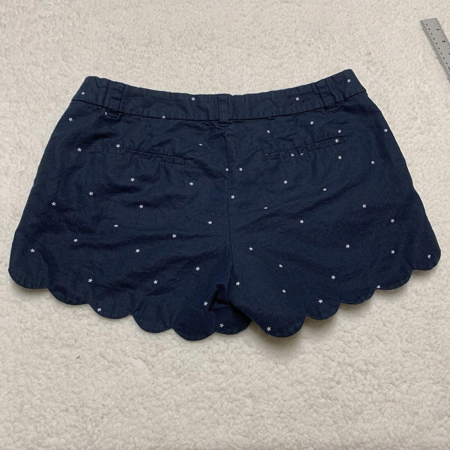 J Crew Scalloped Hem Linen Cotton Shorts Size 10 Navy Blue White Star Print