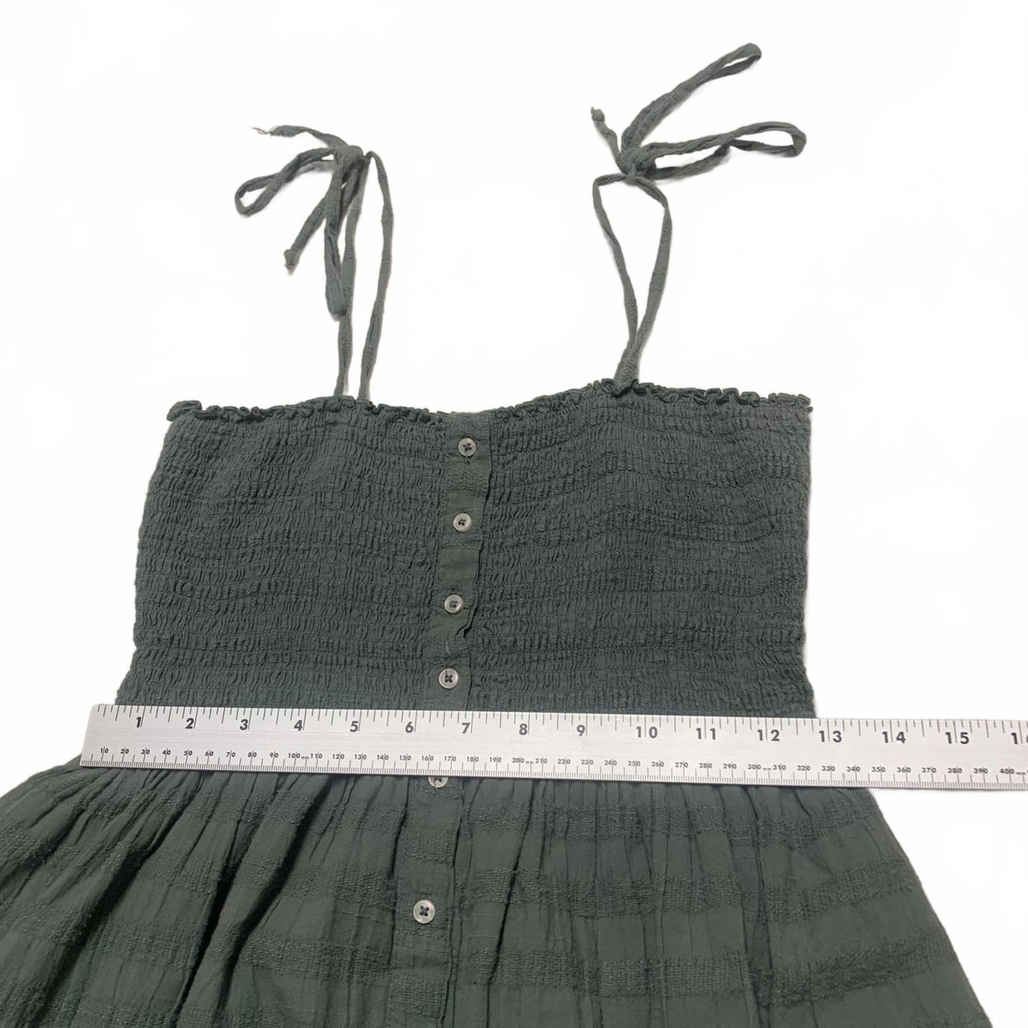 Aerie Smocked Womens Sz XS Green Midi Dress Button outside Tie Straps Sleeveless