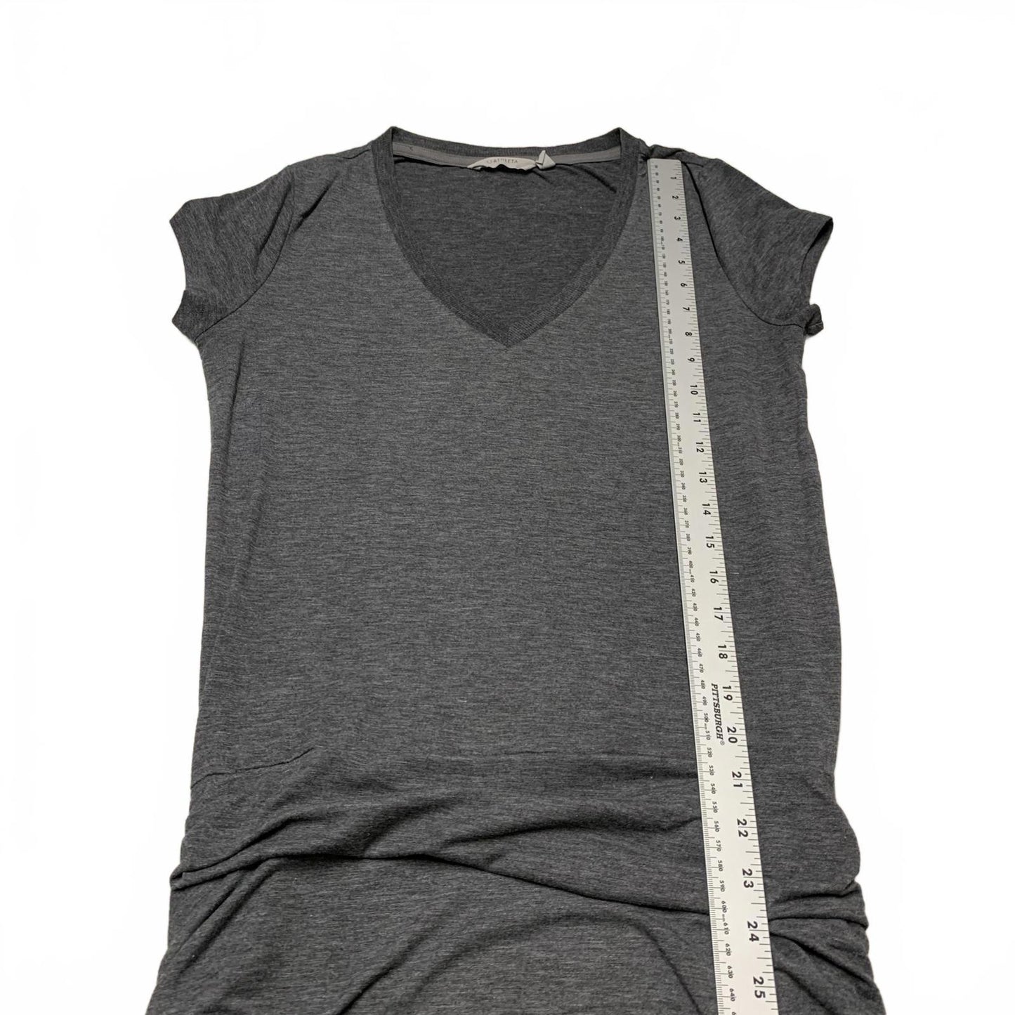 Athlete Women's Cap Sleeve Ruched Bodycon Dress Sz Small Gray V-Neck