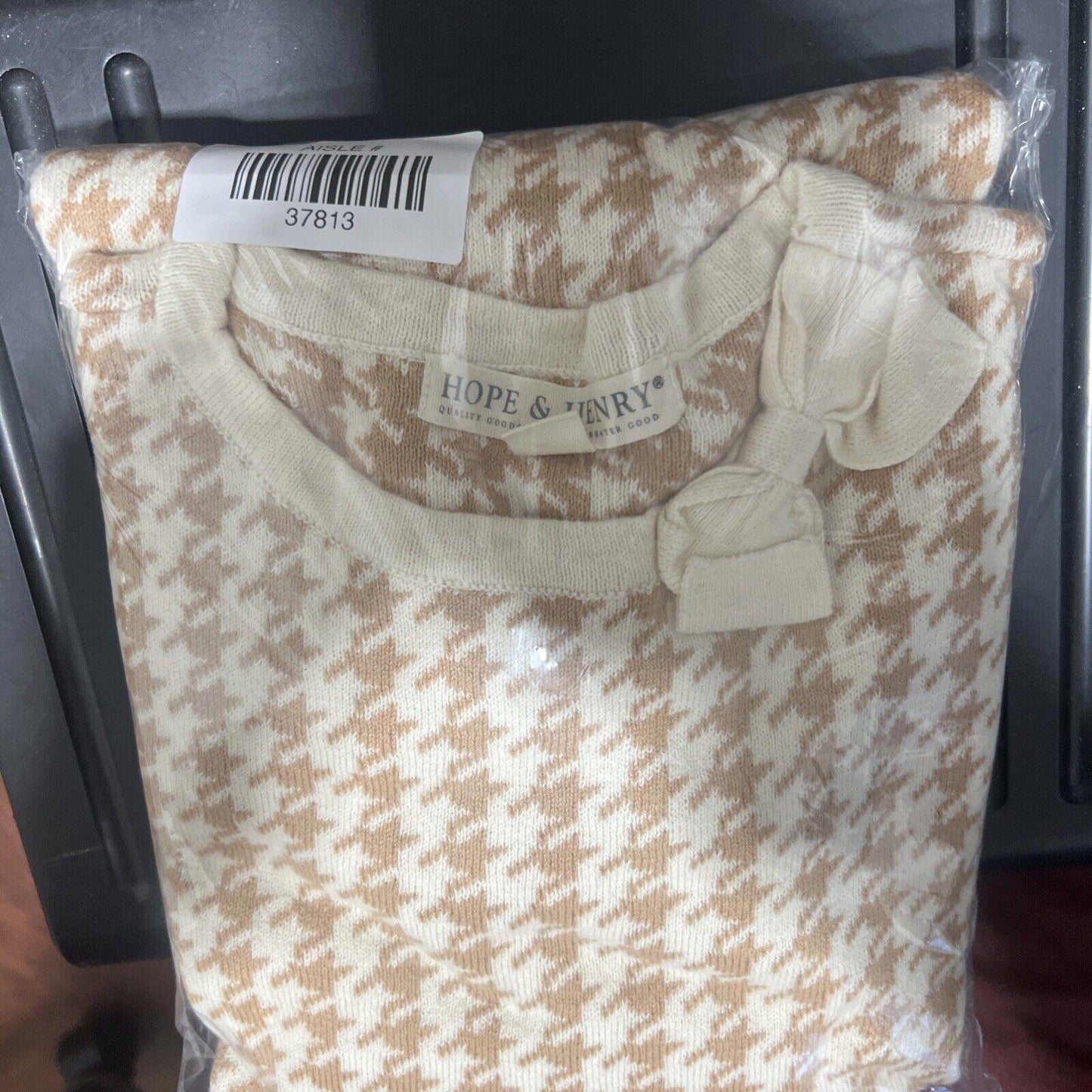 Hope & Henry Girls Size 10 Ivory Beige Houndstooth Sheath Dress Bow Knee Length