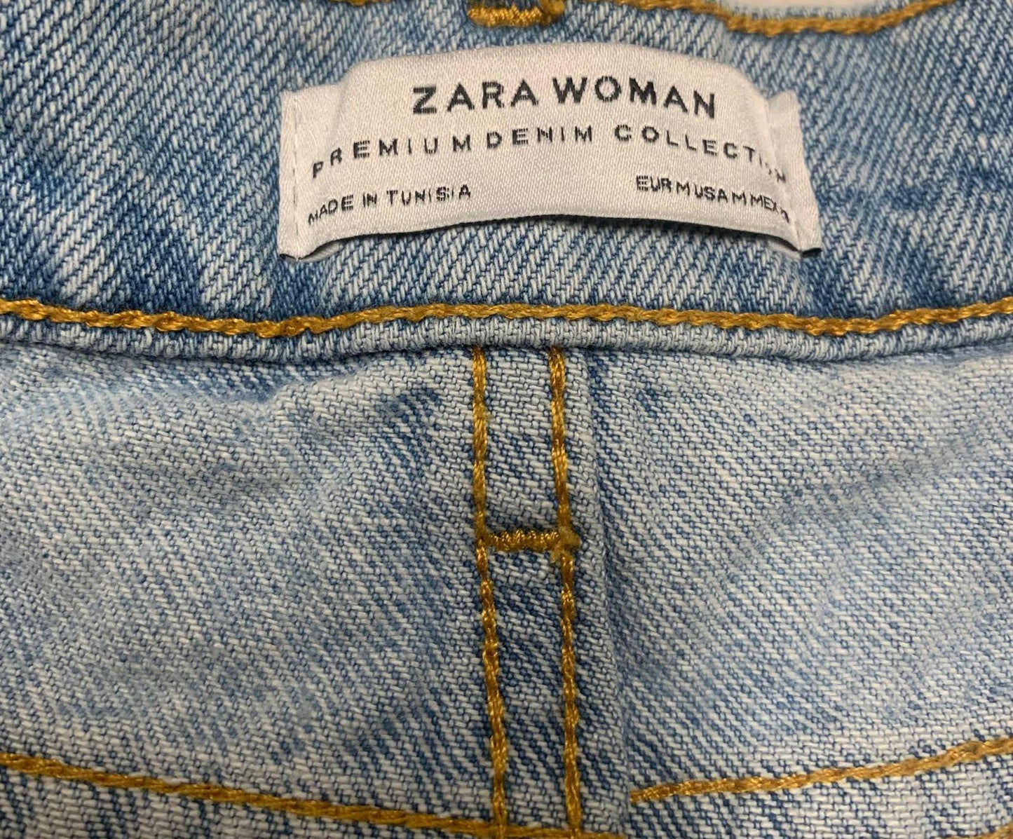 Zara Women's Size M Blue Distressed light wash Denim Skirt Pearl Bead Details