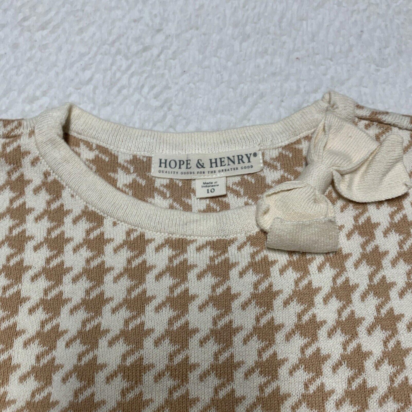 Hope & Henry Girls Size 10 Ivory Beige Houndstooth Sheath Dress Bow Knee Length