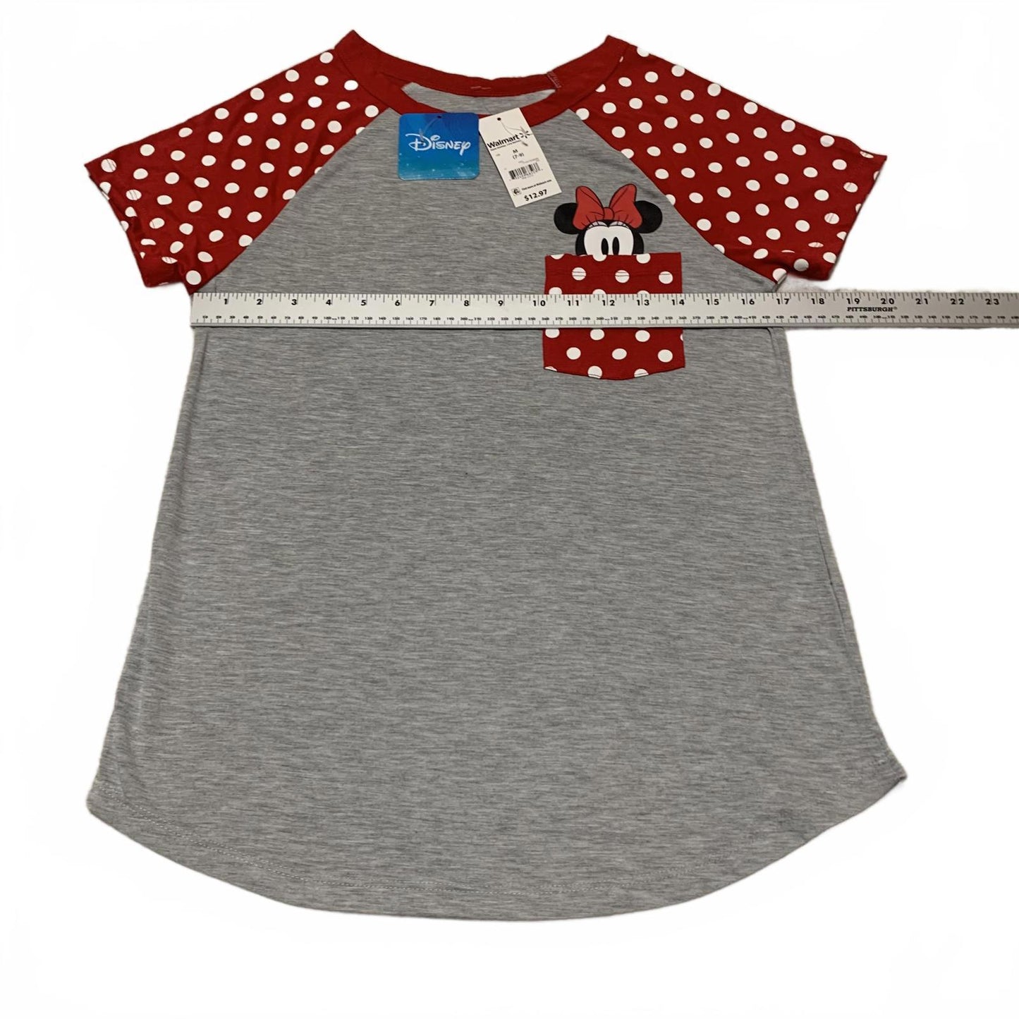 Disney Girls' Size Medium 7-9 Red Grey Minnie Mouse Pocket T Shirt