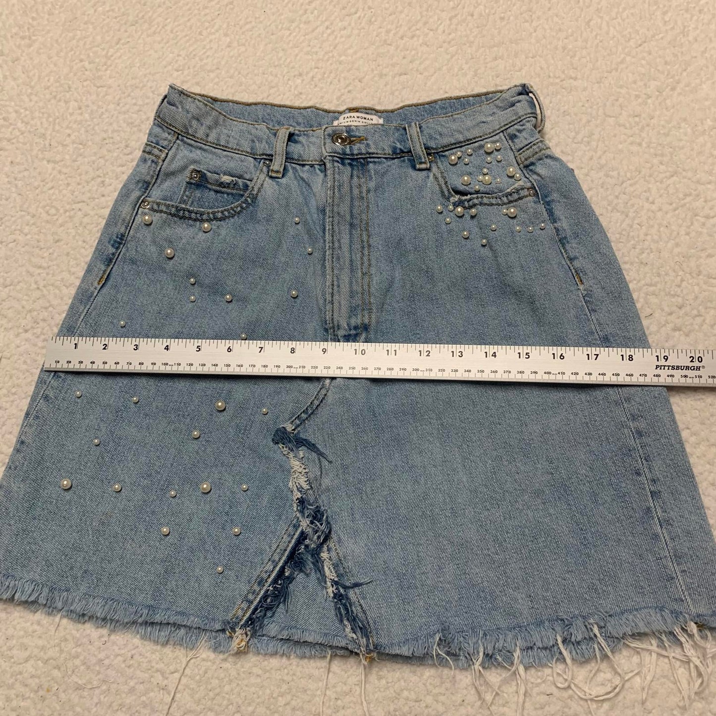 Zara Women's Size M Blue Distressed light wash Denim Skirt Pearl Bead Details