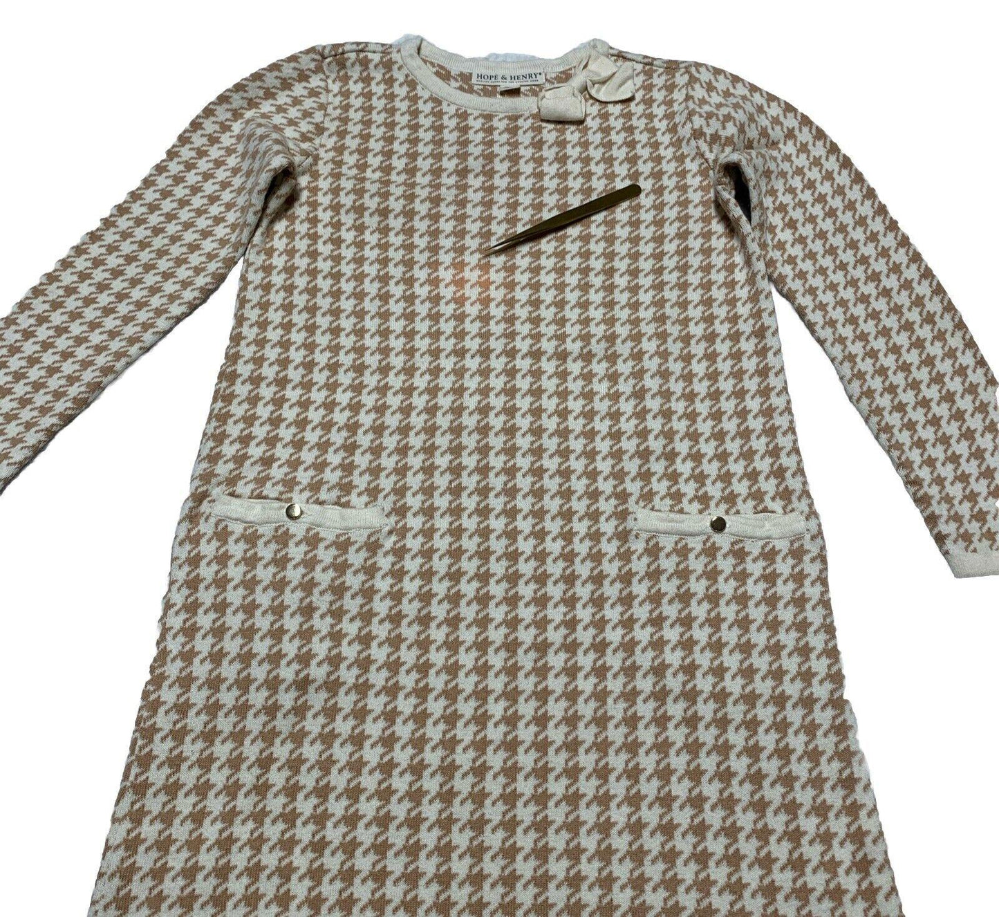 Hope & Henry Girls Size 10 Ivory Beige Houndstooth Sheath Dress Bow Knee Length