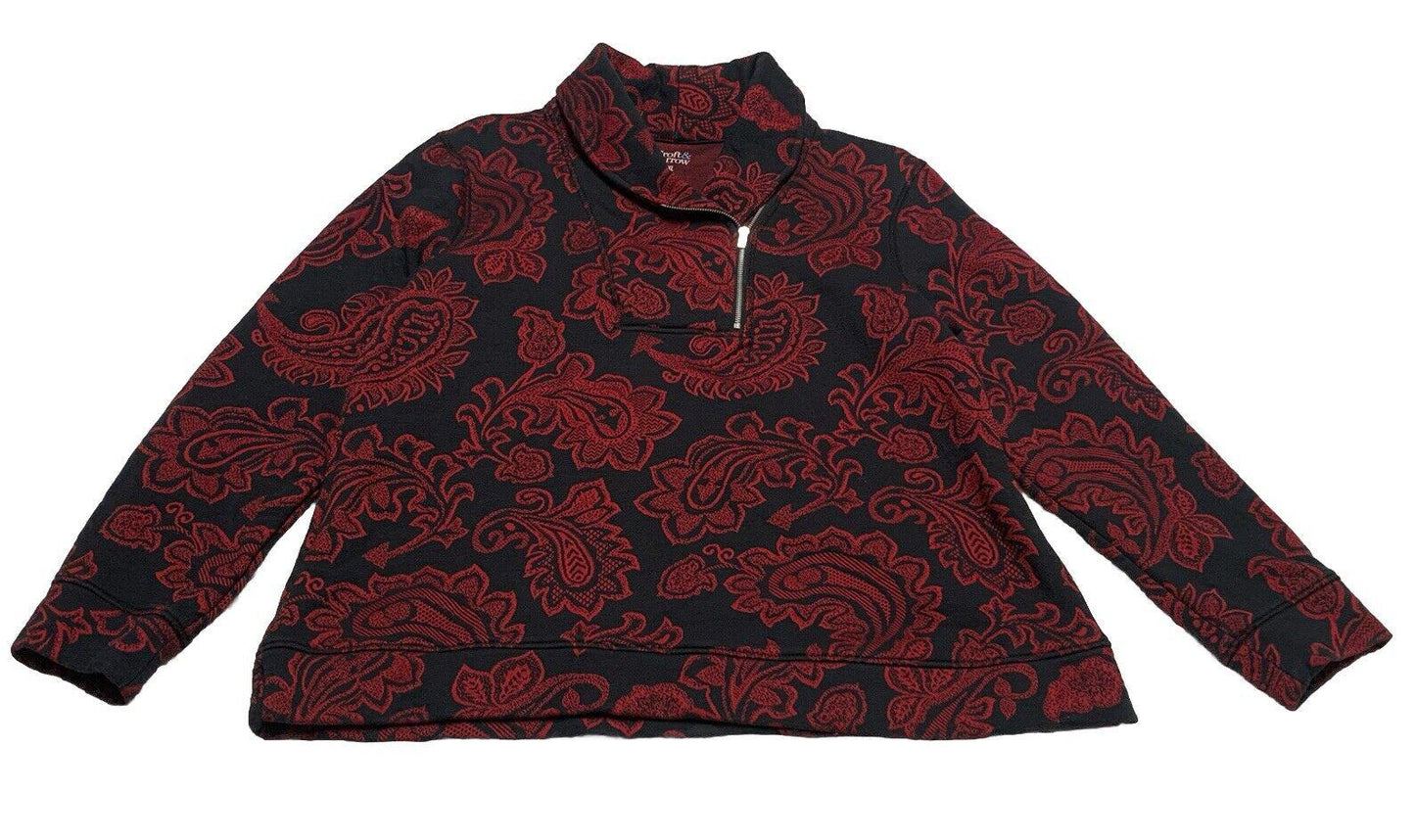 Croft & Barrow Womens Petite XL Red Black Paisley Floral Zip Sweater Long Sleeve