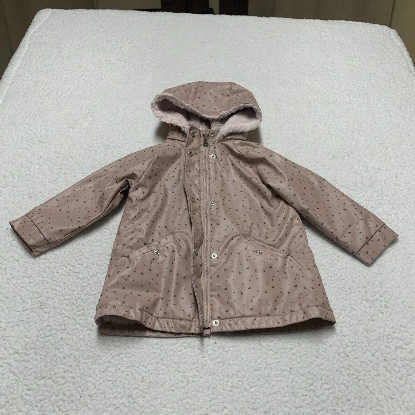 Zara Baby Girl Size 3-4 Years Pink Floral Print Fleece Lined Raincoat HoodJacket