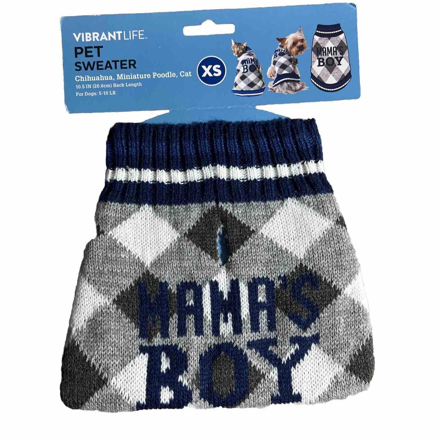Acrylic Dog Sweater XS Extra Small Pet Dog Cat Plaid MAMAS BOY Blue White Gray
