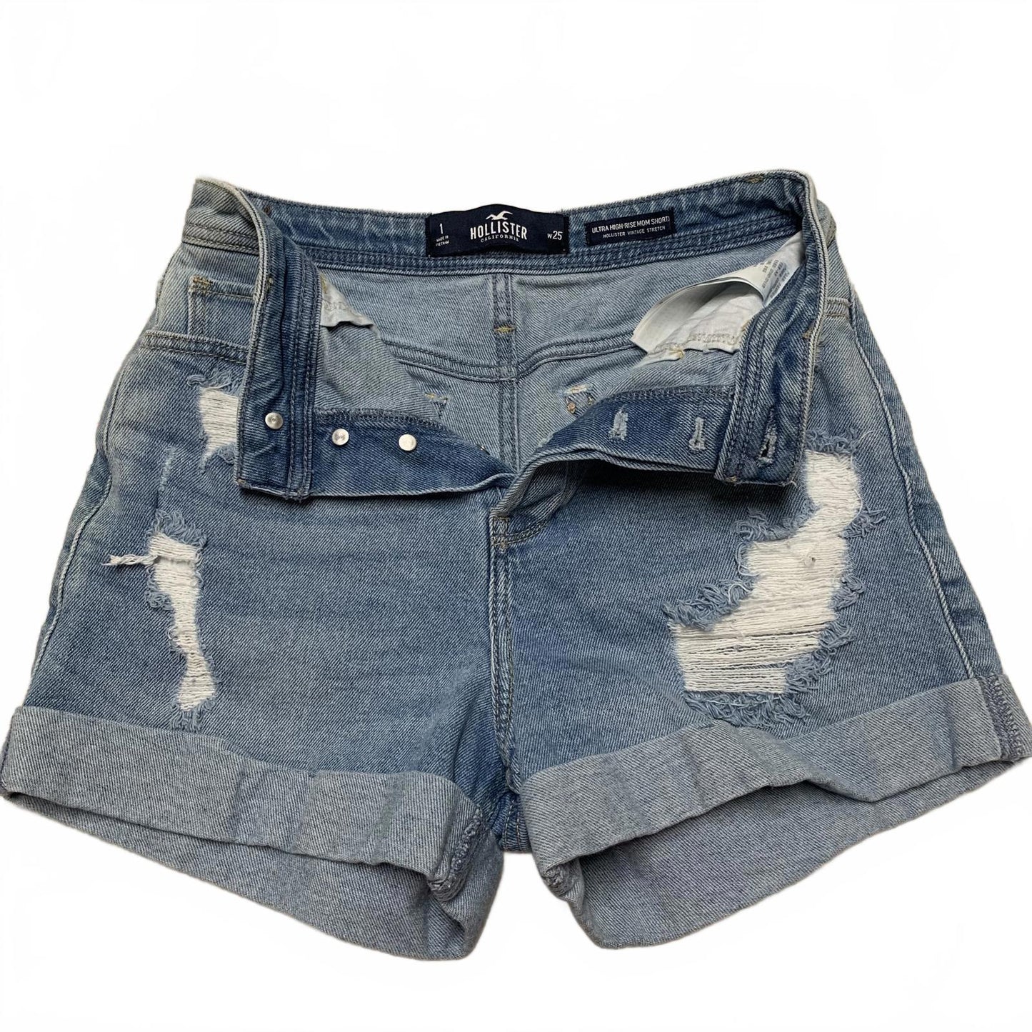 Hollister Ultra High-Rise Mom Shorts Sz 1 W25 Distressed Blue Wash