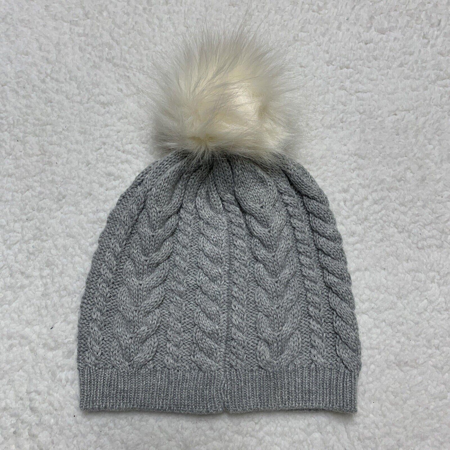 J Crew Cable Knit Winter Hat Gray Beanie Bone White Pom Pom