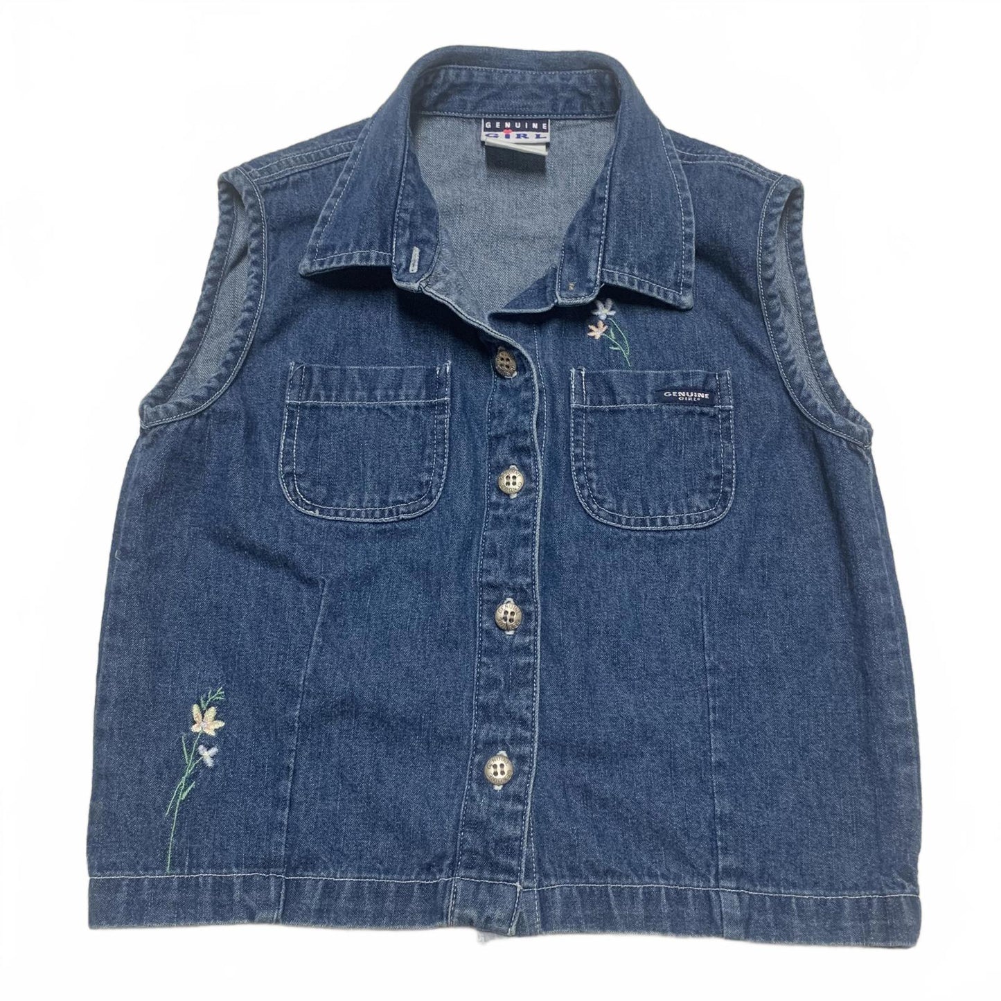 Genuine Girl Sze XLarge(18) Blue Denim Vest Floral Embroidery