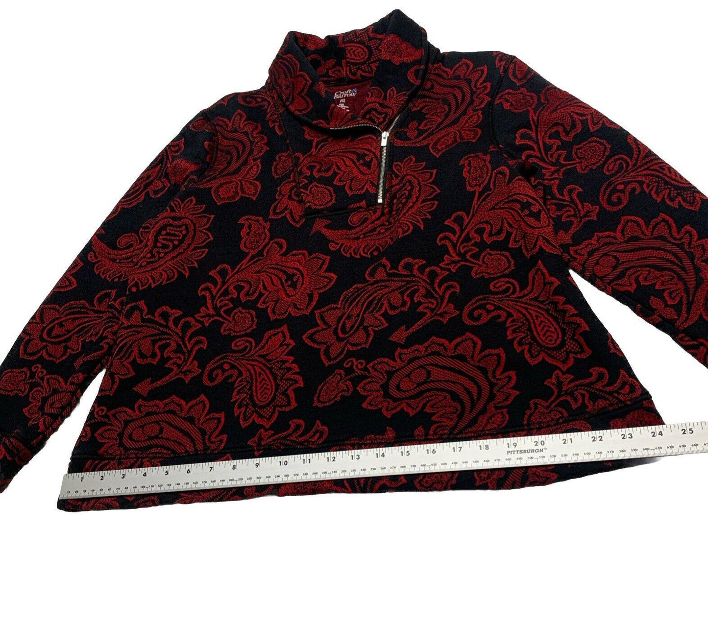 Croft & Barrow Womens Petite XL Red Black Paisley Floral Zip Sweater Long Sleeve
