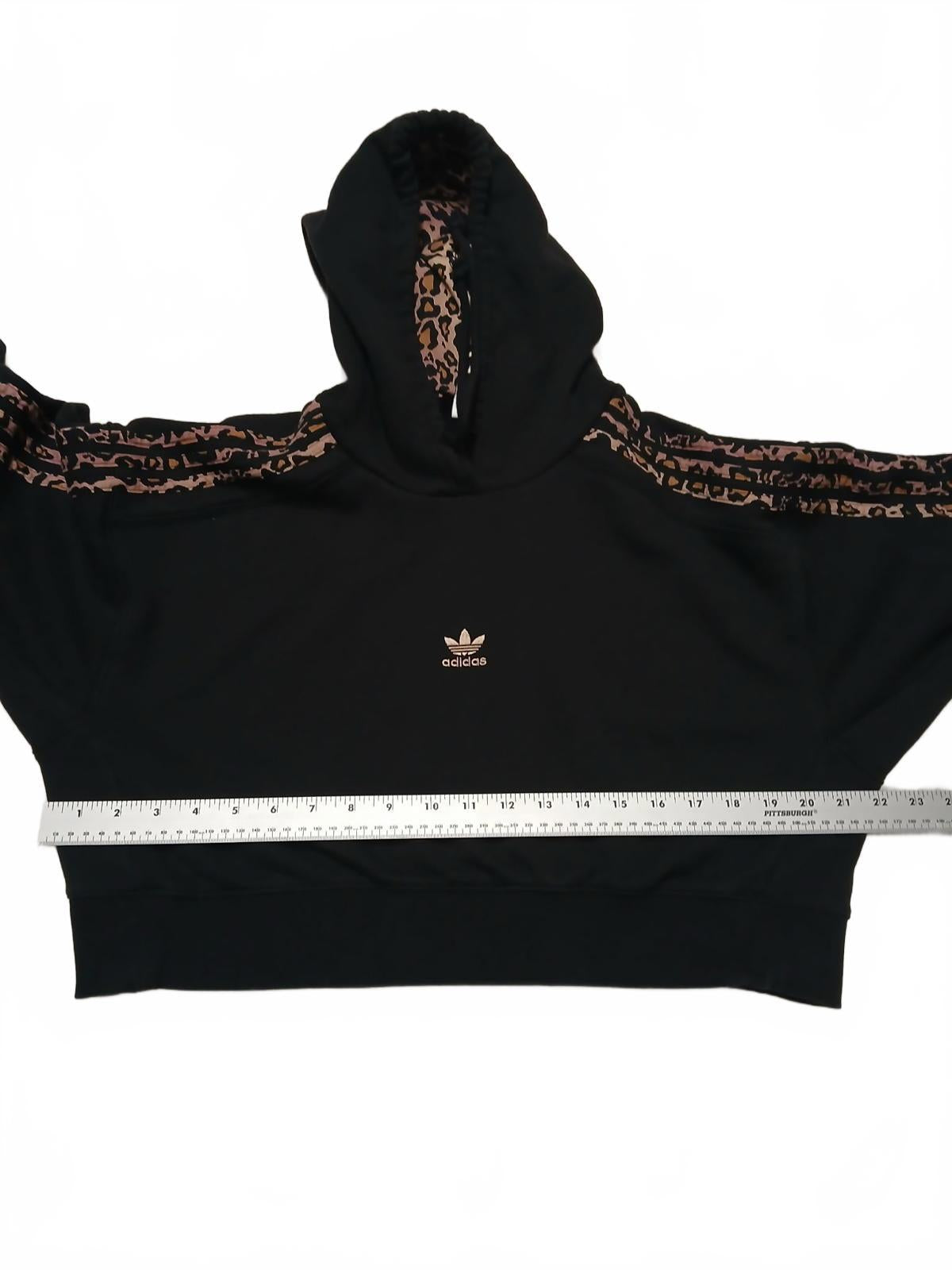 Adidas Womens Sz Small Black Cropped Hoodie Leopard Print Sweater