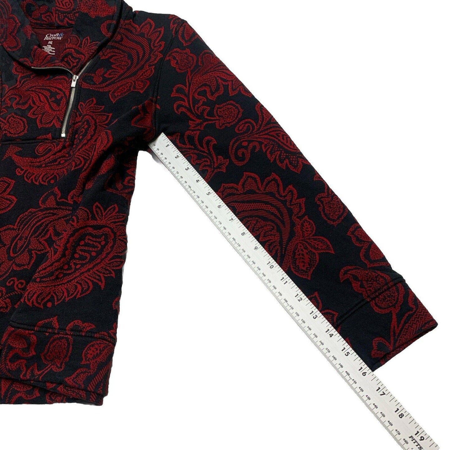 Croft & Barrow Womens Petite XL Red Black Paisley Floral Zip Sweater Long Sleeve
