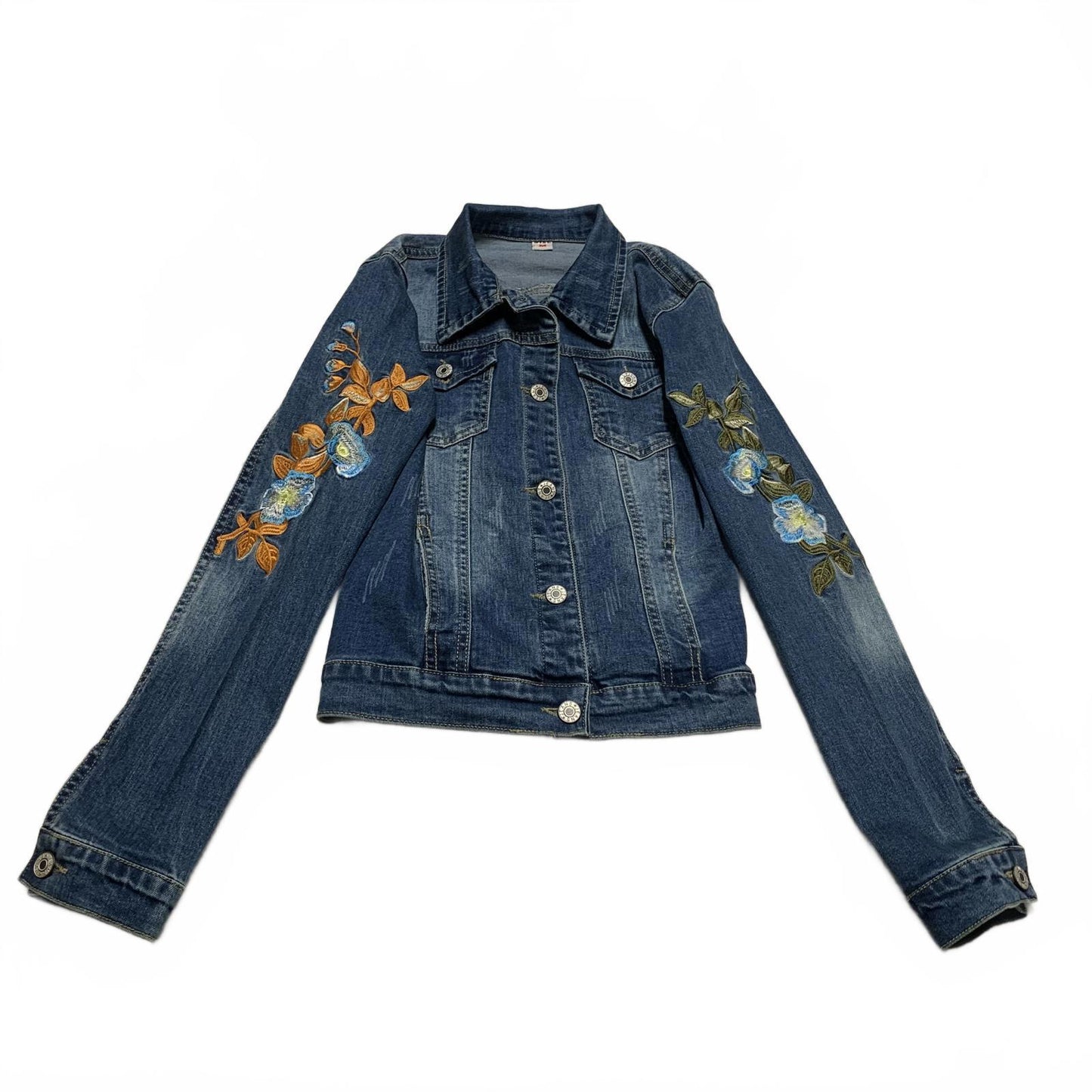 Stylish Denim Jacket with Floral Embroidery Women's Size Medium Dark Denim