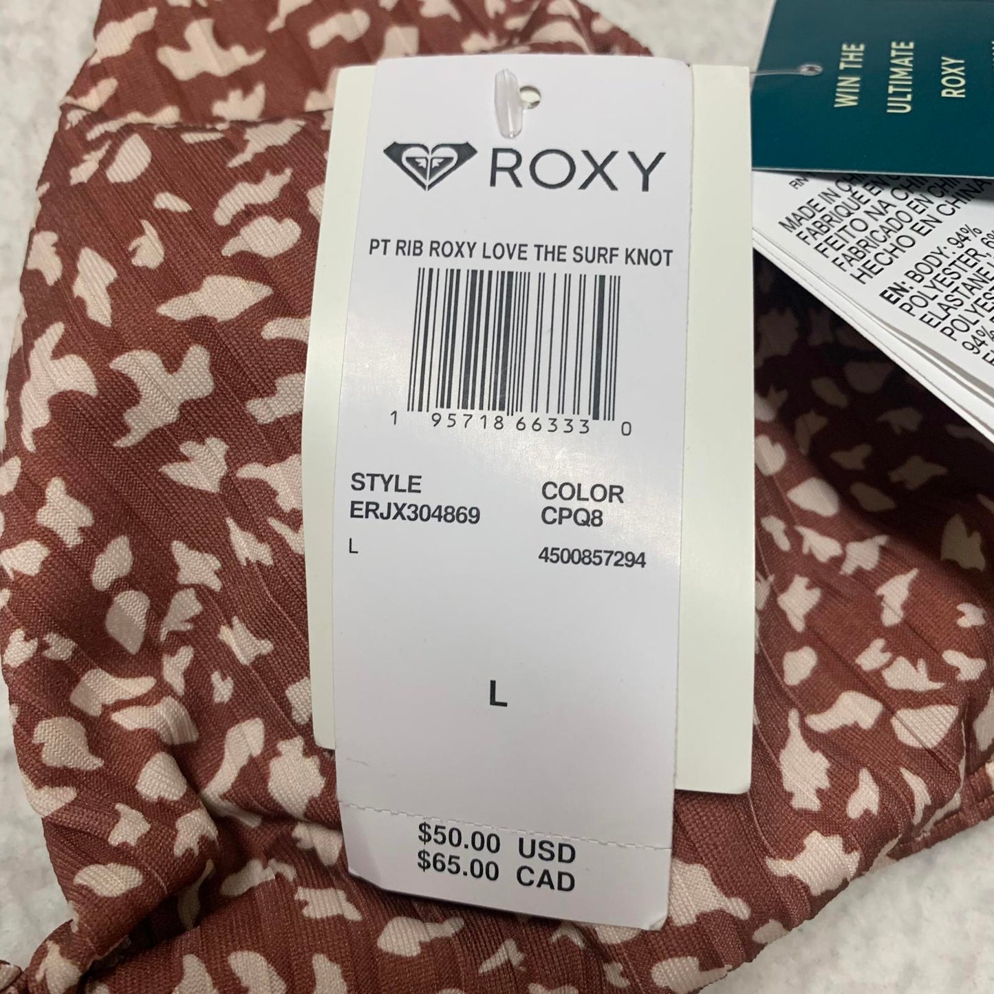 Roxy Love the Surf Knot Bikini Top Women's Sz L Brown Print Swimwear