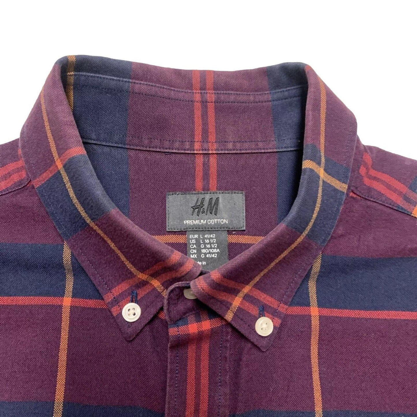 H&M Mens Large 16 1/2” Navy Burgundy Long Sleeve Button Shirt Premium Cotton