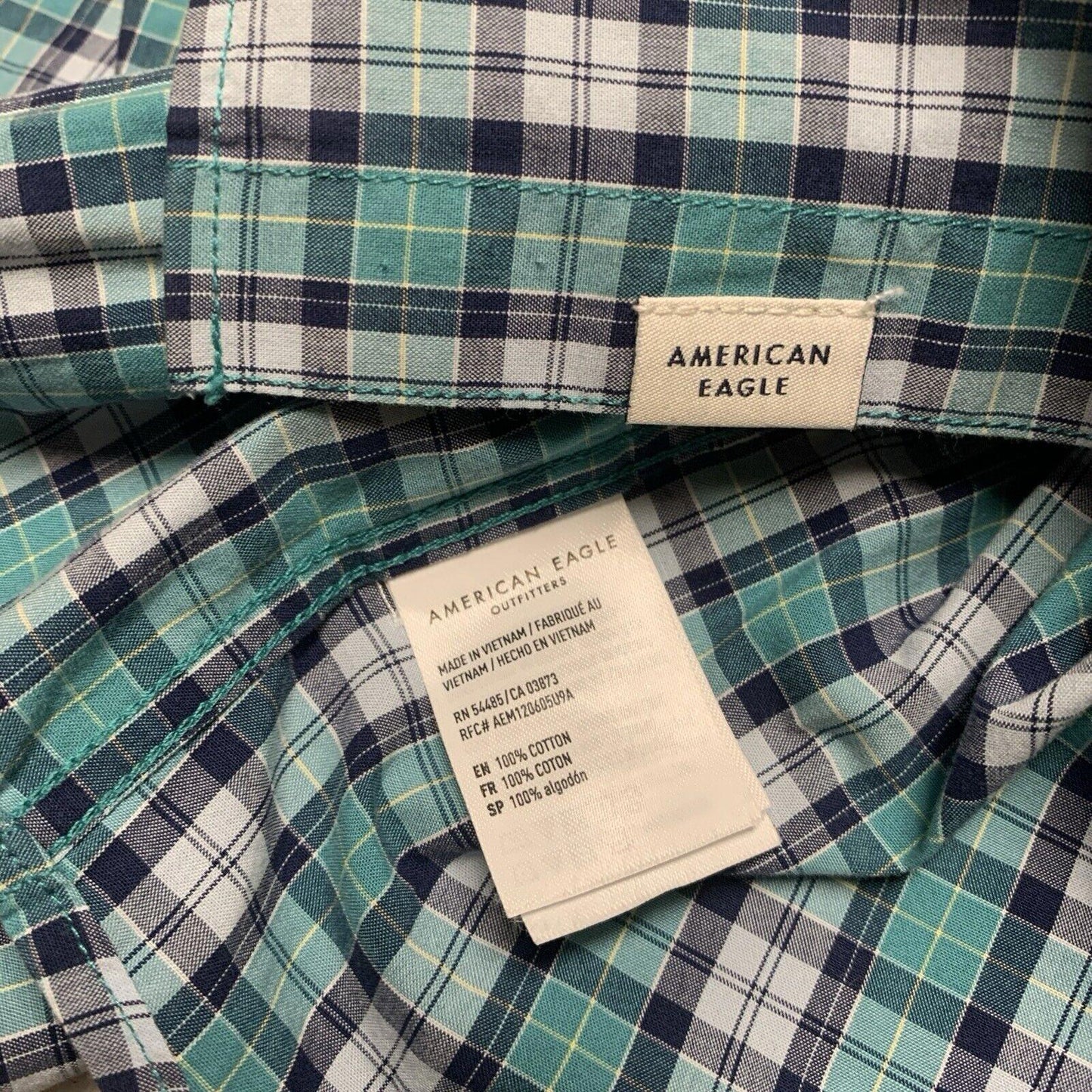 American Eagle Women’s Size Large Teal Blue Button up Shirt Plaid Long Sleeve