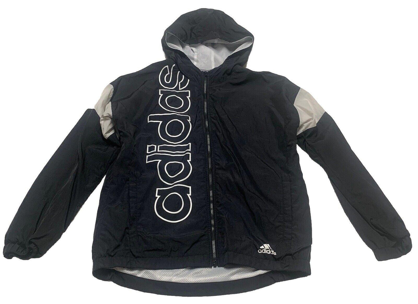 ADIDAS Boys Size 14/16 Large Black Full Zip Hooded Windbreaker Jacket