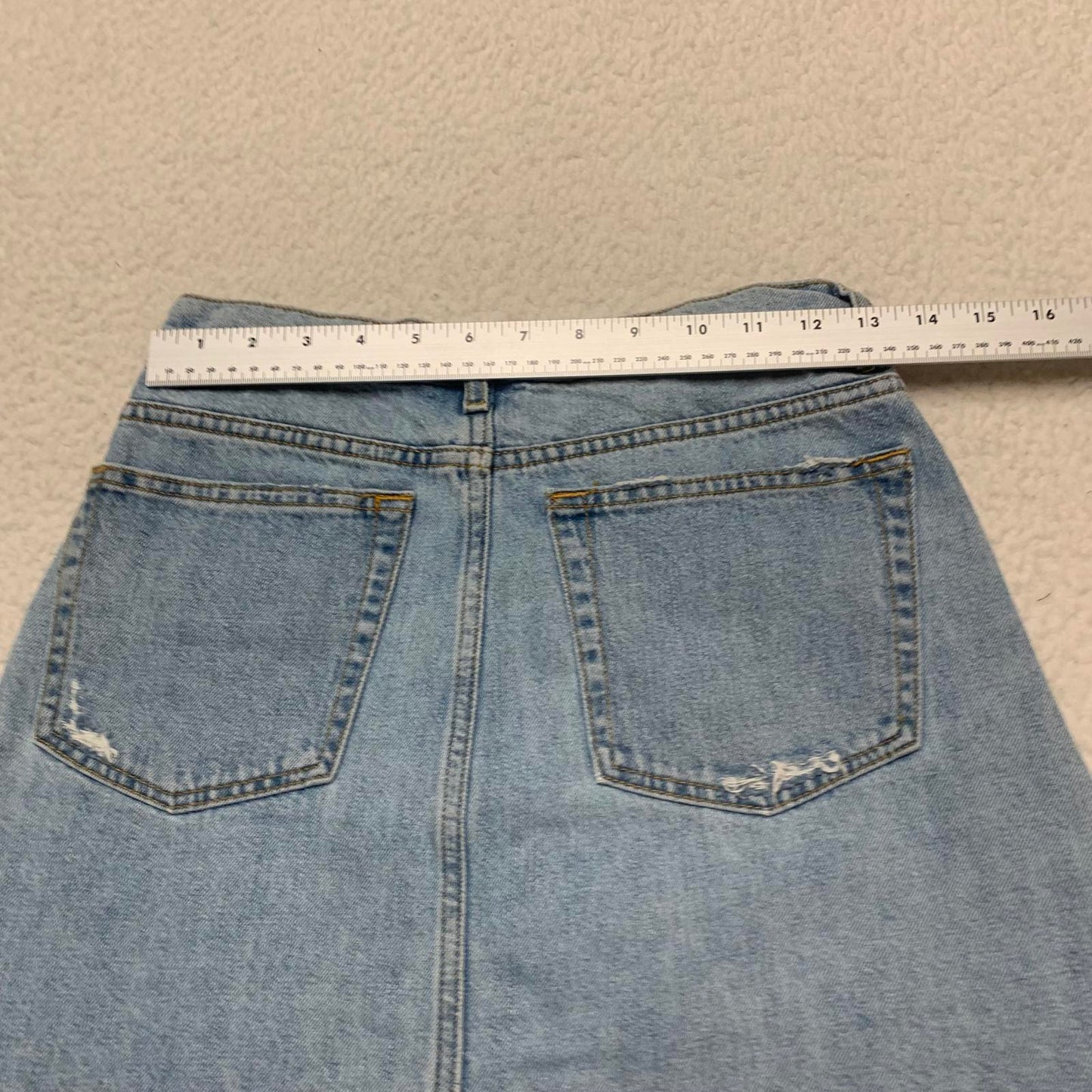 Zara Women's Size M Blue Distressed light wash Denim Skirt Pearl Bead Details