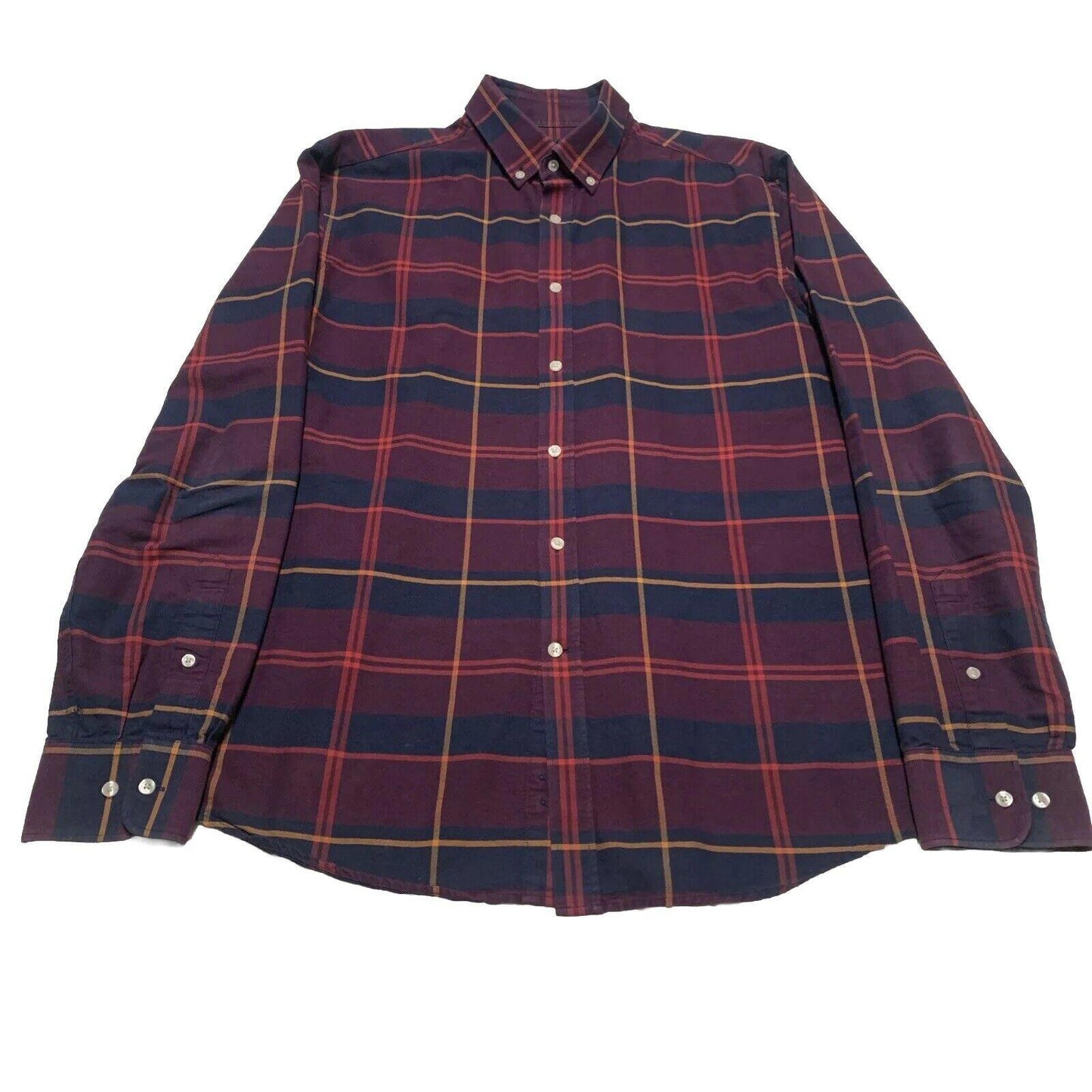 H&M Mens Large 16 1/2” Navy Burgundy Long Sleeve Button Shirt Premium Cotton