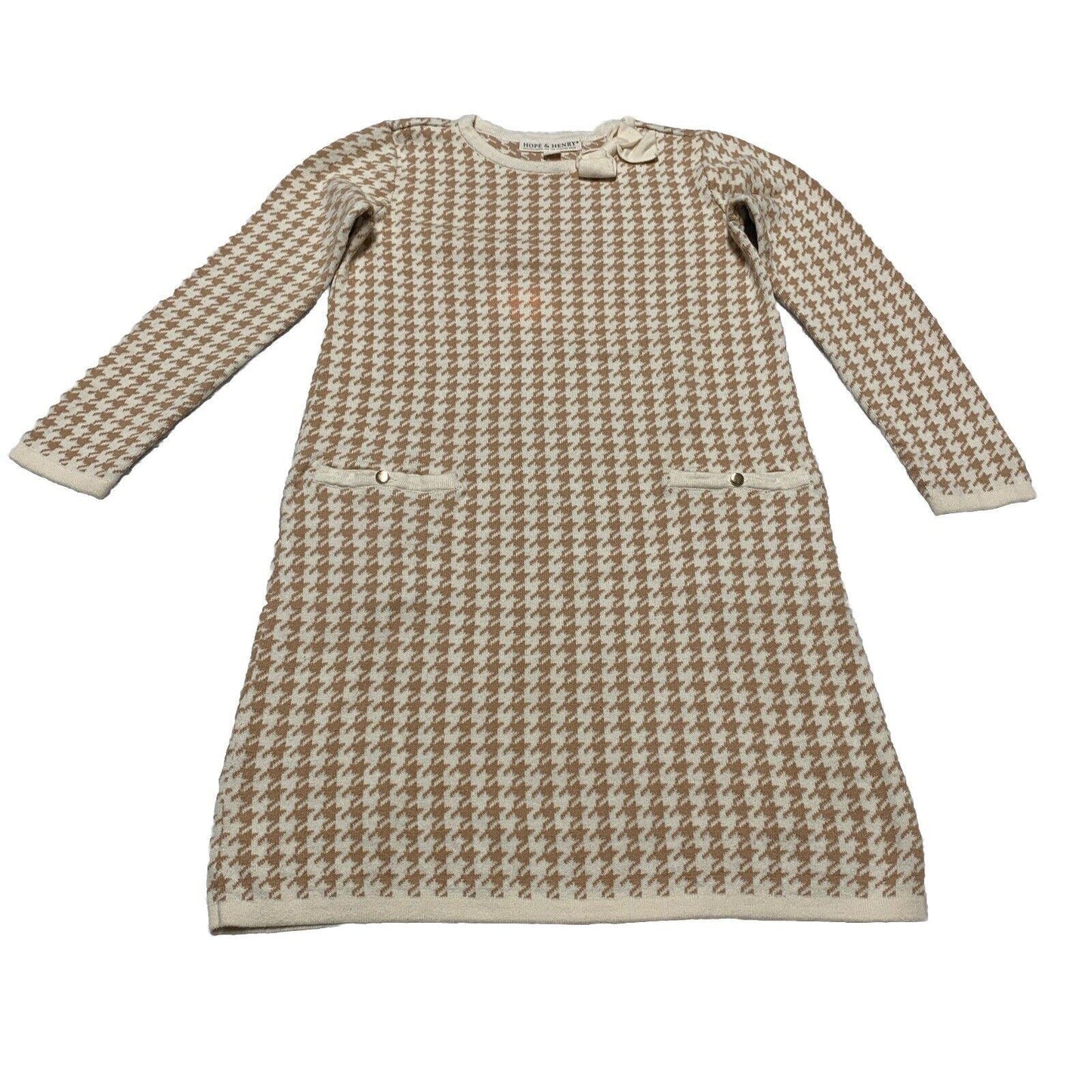 Hope & Henry Girls Size 10 Ivory Beige Houndstooth Sheath Dress Bow Knee Length