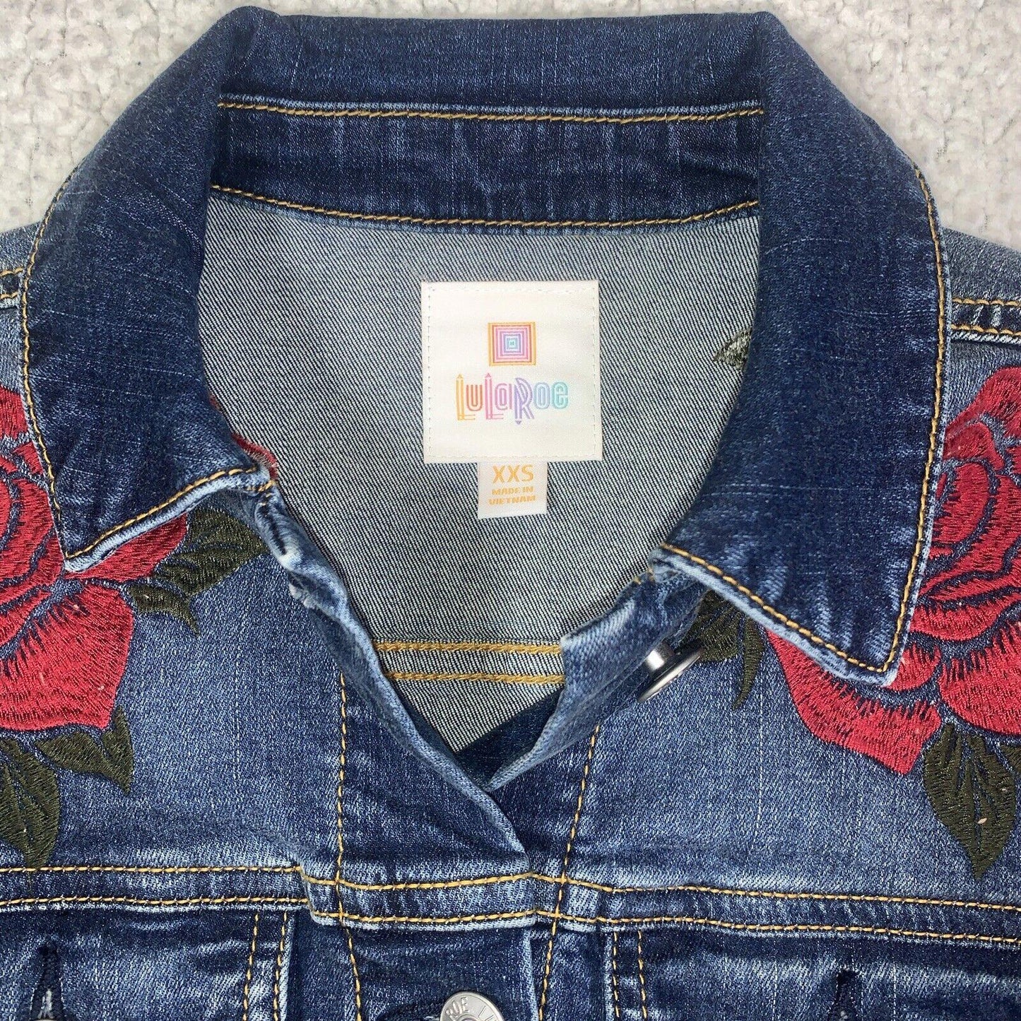 Lularoe Jaxon Jean Jacket Red Rose Sz XXS Small Embroidery