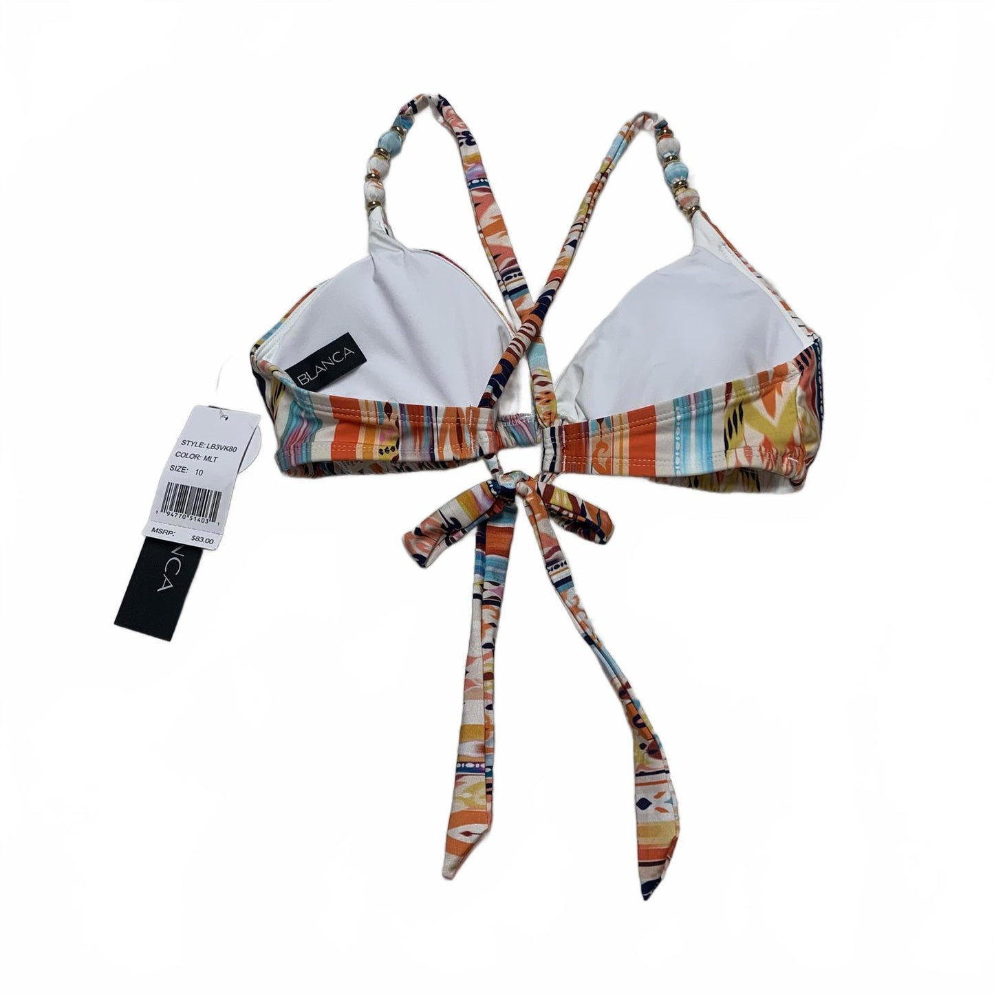 LA Blanca Womens Size 10 Colorful Print Triangle Bikini Top Beaded Straps