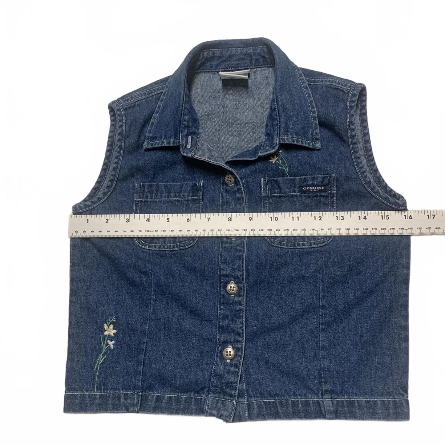 Genuine Girl Sze XLarge(18) Blue Denim Vest Floral Embroidery