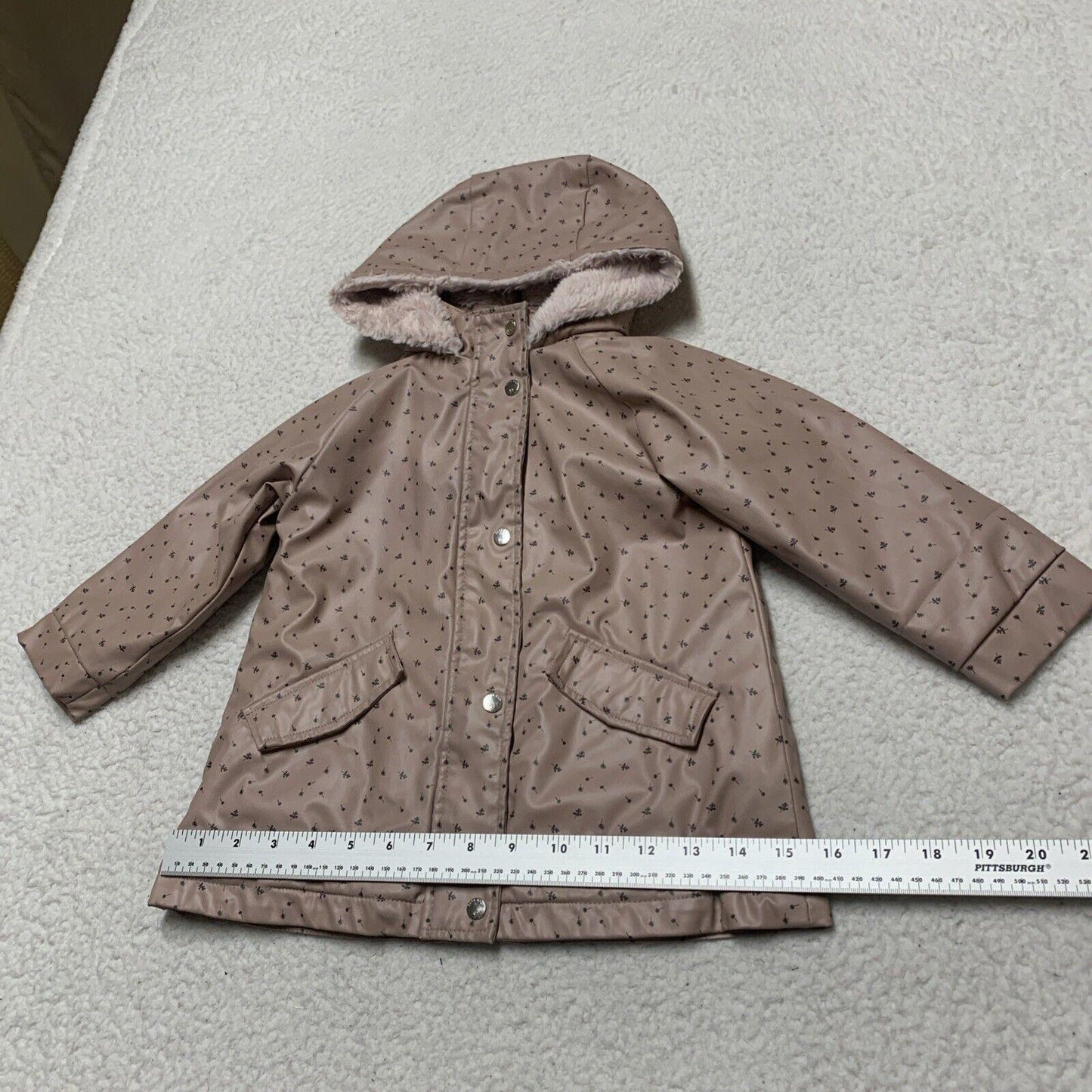 Zara Baby Girl Size 3-4 Years Pink Floral Print Fleece Lined Raincoat HoodJacket