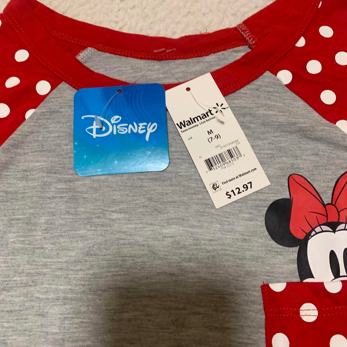 Disney Girls' Size Medium 7-9 Red Grey Minnie Mouse Pocket T Shirt
