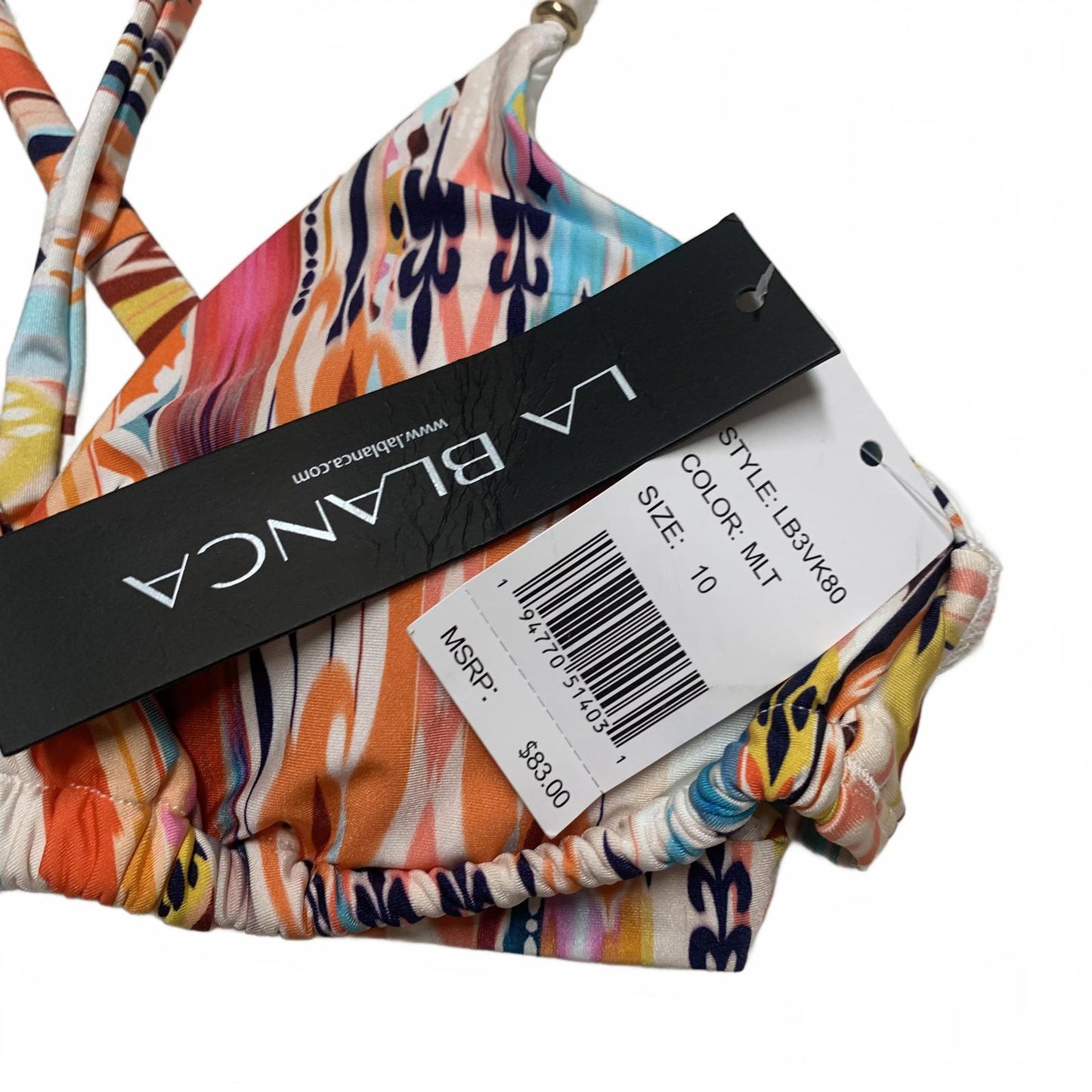 LA Blanca Womens Size 10 Colorful Print Triangle Bikini Top Beaded Straps