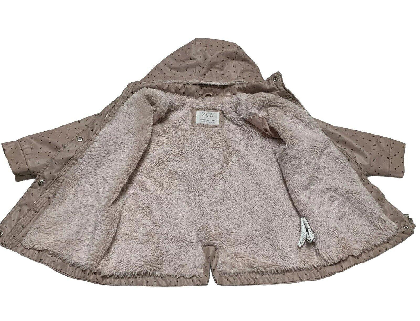 Zara Baby Girl Size 3-4 Years Pink Floral Print Fleece Lined Raincoat HoodJacket