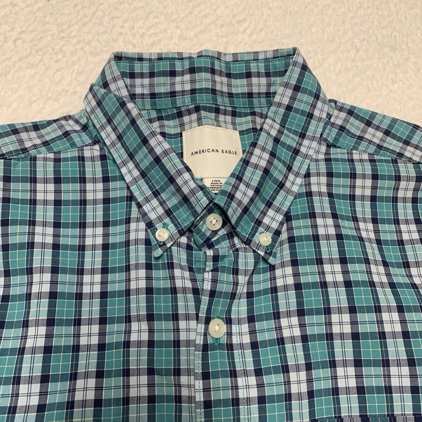 American Eagle Women’s Size Large Teal Blue Button up Shirt Plaid Long Sleeve