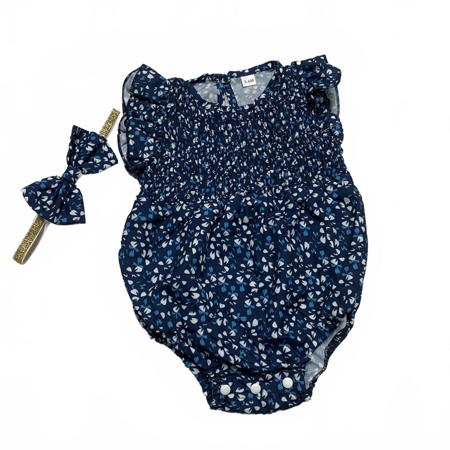 Adorable Baby Girl Size 3-6 Months Blue Floral Ruffled Romper with Headband