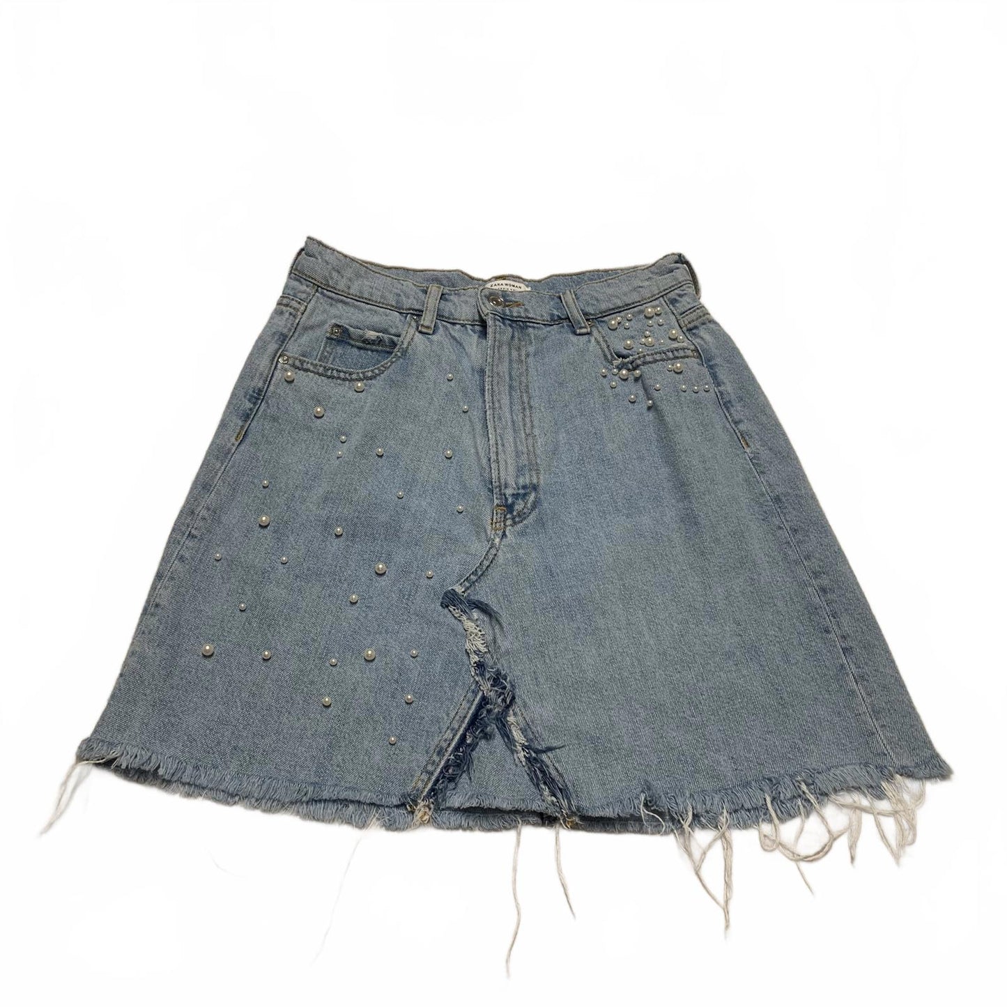 Zara Women's Size M Blue Distressed light wash Denim Skirt Pearl Bead Details