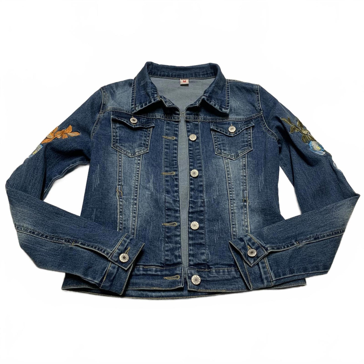 Stylish Denim Jacket with Floral Embroidery Women's Size Medium Dark Denim