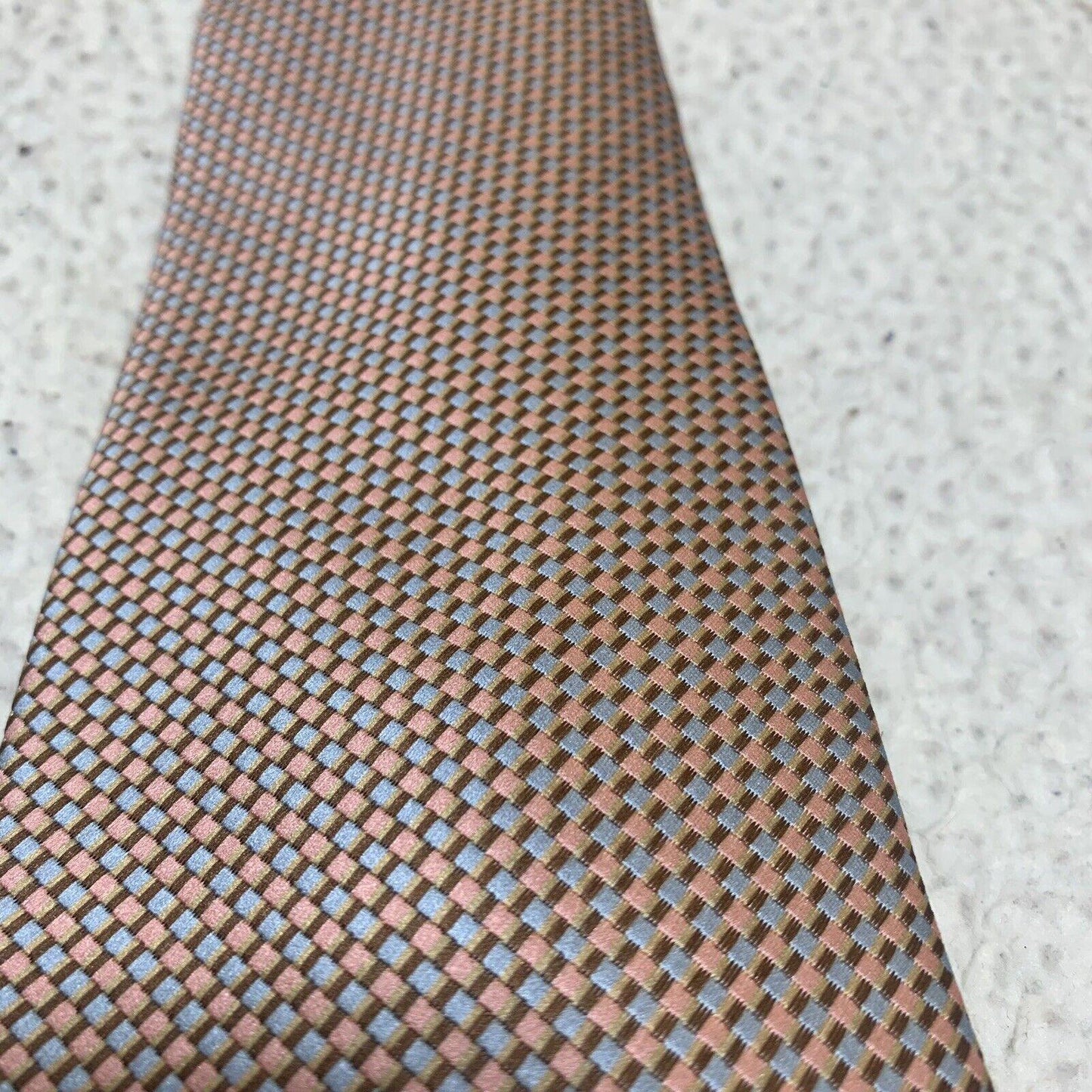 Laurant Bennet Milano Men’s Tie 58” Peach Grayish Blue Brown Square Print