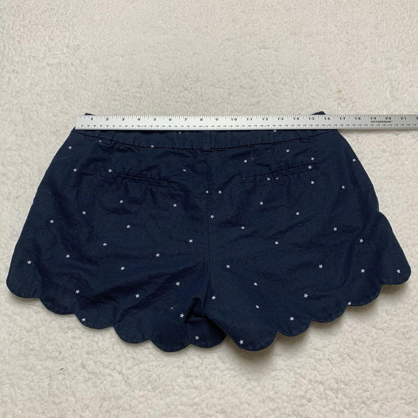 J Crew Scalloped Hem Linen Cotton Shorts Size 10 Navy Blue White Star Print